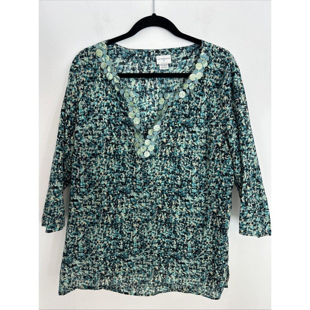 Jaclyn Smith XXL V Neck Turquoise Black 3/4 Sleeve Cotton Blouse Light Weight